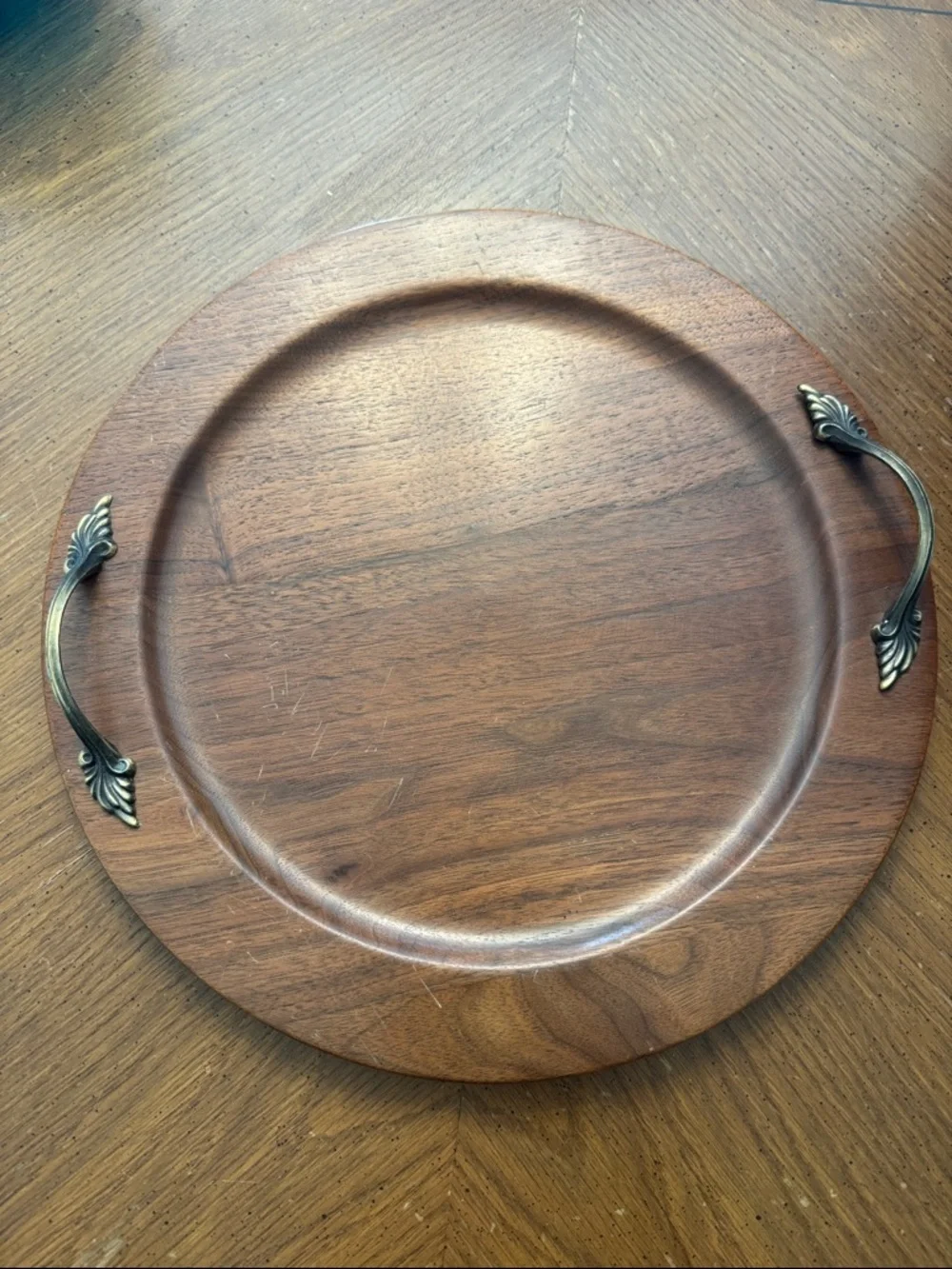 Ozark Walnutware Solid Walnut Round Wood Serving Tray Brass Leaf Handles Vintage